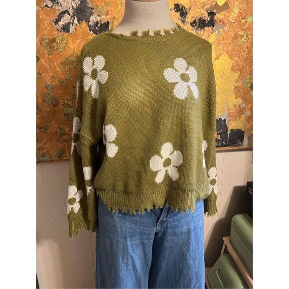 Hayden Distressed Floral Patterned Pullover Olive Green Oversized Sweater S - Picture 4 of 10